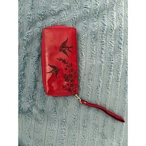 Vegan Red Leather Wallet Clutch Wristlet with Swallow Bird Floral Design